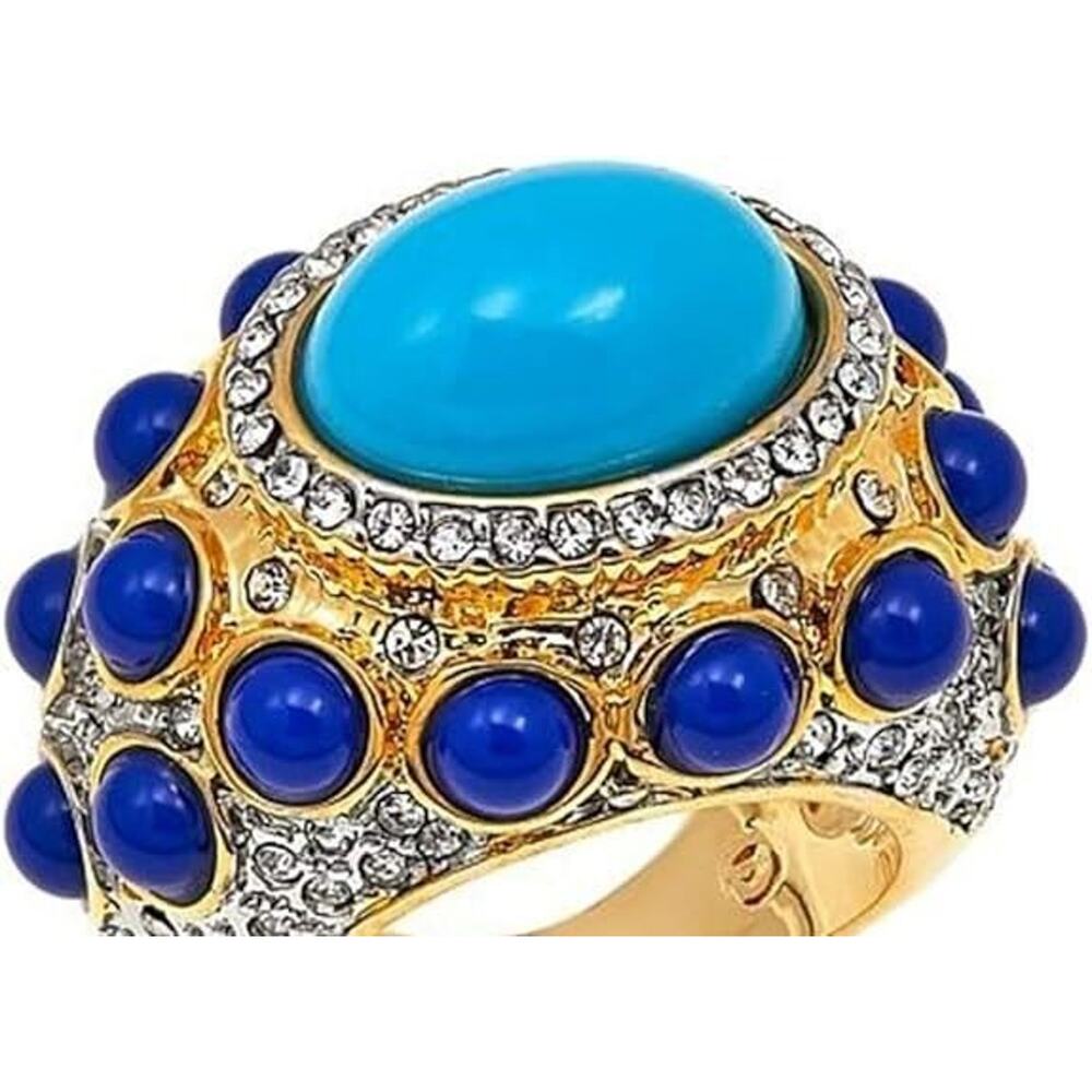 SALE Kenneth Jay Lane (KJL) High Drama East West Turquoise Gold Tone Ring Size 5